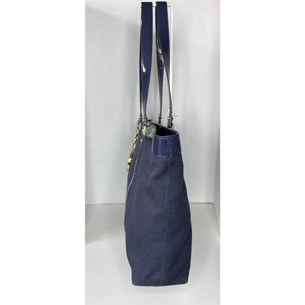 Tory Burch Canvas Jane Tote navy patient leather Shoulder Bag